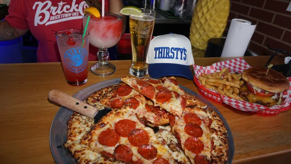 Pepperoni pizzas and drinks at Brickopolis